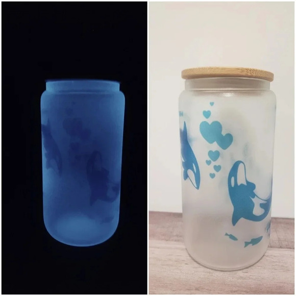 Other - Killer whale glow in the dark glass cup with lid and straw